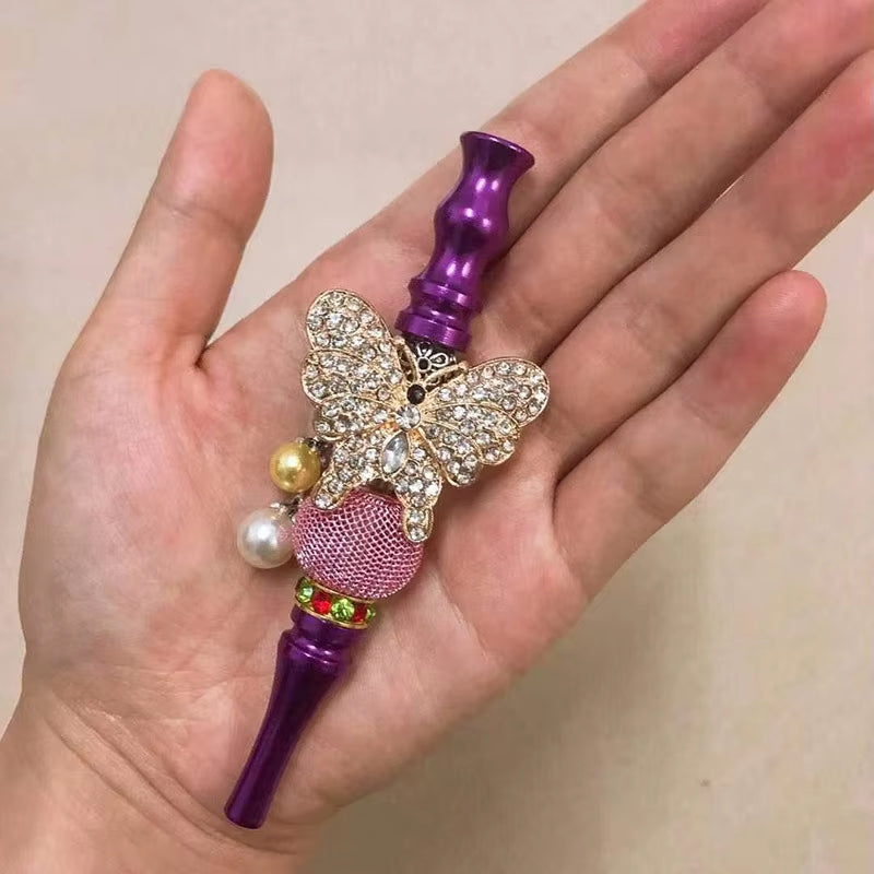 Women Bling Shiny Butterfly Animal Jewelry Ball Handmade Inlaid Blunt Holder Shisha Hookah Mouthpiece Tips with Laser Gift Bag