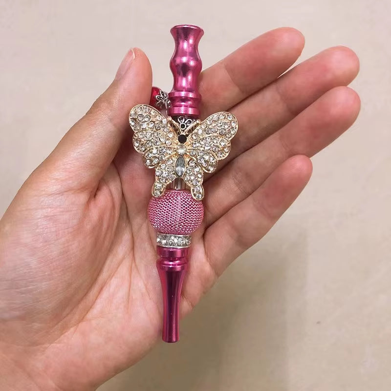 Women Bling Shiny Butterfly Animal Jewelry Ball Handmade Inlaid Blunt Holder Shisha Hookah Mouthpiece Tips with Laser Gift Bag