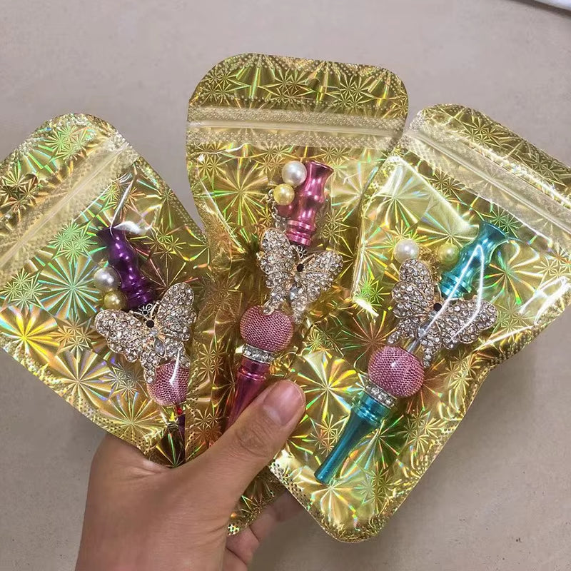 Women Bling Shiny Butterfly Animal Jewelry Ball Handmade Inlaid Blunt Holder Shisha Hookah Mouthpiece Tips with Laser Gift Bag