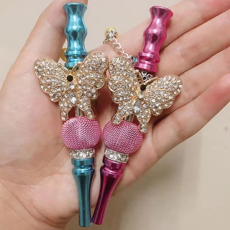 Women Bling Shiny Butterfly Animal Jewelry Ball Handmade Inlaid Blunt Holder Shisha Hookah Mouthpiece Tips with Laser Gift Bag