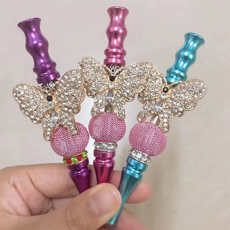Women Bling Shiny Butterfly Animal Jewelry Ball Handmade Inlaid Blunt Holder Shisha Hookah Mouthpiece Tips with Laser Gift Bag