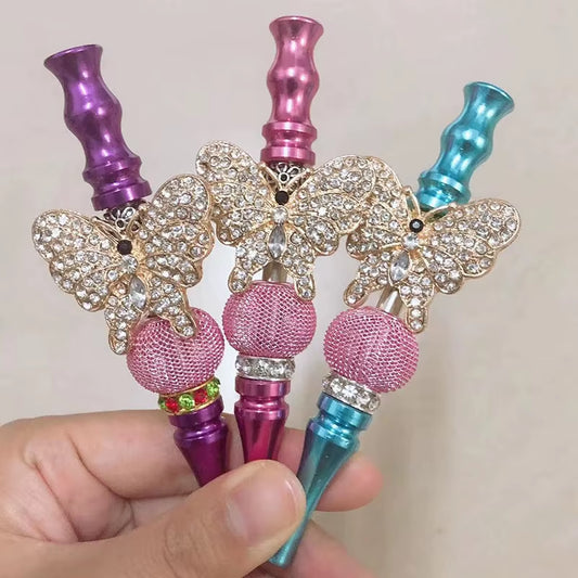 Women Bling Shiny Butterfly Animal Jewelry Ball Handmade Inlaid Blunt Holder Shisha Hookah Mouthpiece Tips with Laser Gift Bag