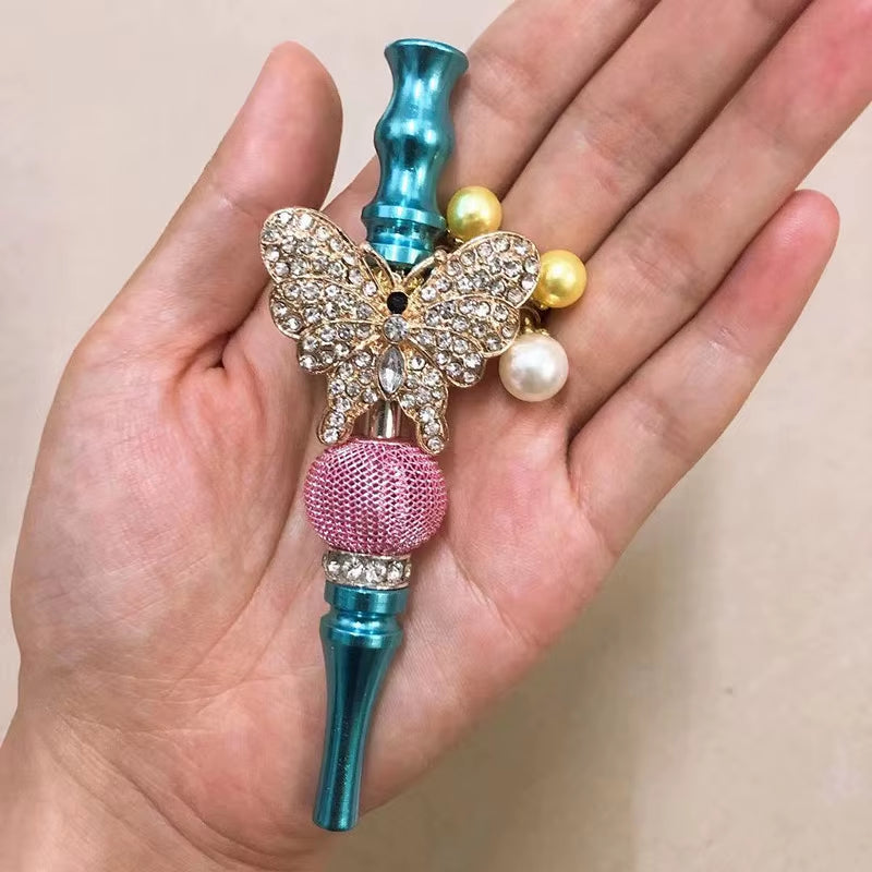 Women Bling Shiny Butterfly Animal Jewelry Ball Handmade Inlaid Blunt Holder Shisha Hookah Mouthpiece Tips with Laser Gift Bag
